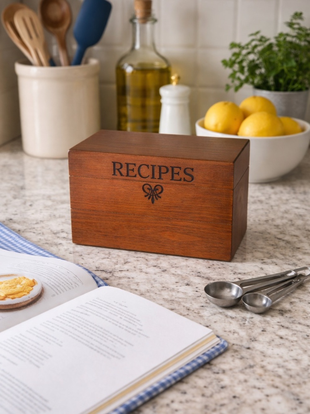Vintage Wooden Recipe Card Holder Box